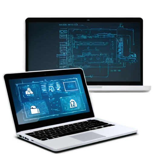 A picture on the theme of information security. In the foreground, a laptop with a protective screen. In the background, there is a schematic image of a server and a lock. - icon | sticker