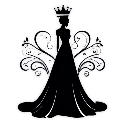 Create an all-black icon on a transparent background inspired by The Selection book series by Kiera Cass. The design should feature a sleek and minimalistic silhouette of a crown or tiara with sharp, defined lines. Below or intertwined with the crown, include a flowing gown silhouette with smooth lines. Add abstract or stylized floral accents around the crown or gown, ensuring the elements are well-integrated. The overall look should be elegant, clean, and suitable for various applications. - icon | sticker