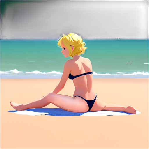 in anime style, day, girl, beautiful, short stature, slender, pretty, young, without shoes, on the river, lying on the with her back up, heat, white sand, feeding her baby with her salt, 2d anime character, white European appearance, back end. oung anime young girl character with blond curly. She has large, expressive green eyes. teen, tiny - icon | sticker