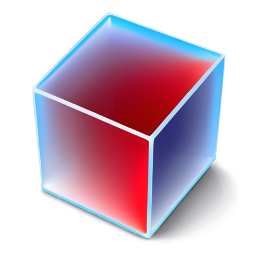 3d cube glassy icon rotated 45 degrees and positioned in front of an embossed square with rounded corners which is the actual back part of the complete icon. The three visible faces of the icon should be an aqua blue, red, and yellow. The background embossed square with rounded corners should be a glassy transparent white. The initials on the top face should be VO. - icon | sticker