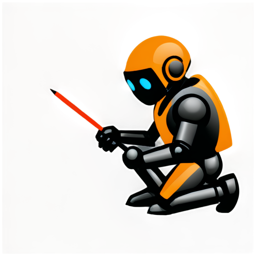 A simple robot, painted in orange and black, front and upper body, wearing a magnifying glass, squatting on the ground and marking its position with a red pen. - icon | sticker