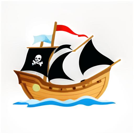 The waves of the storm raise a pirate ship with a pirate flag on it. The boat is made of wood, it has 4 cannons on both sides, the stern and the pirate captain with one leg and a parrot on his shoulder are visible. - icon | sticker