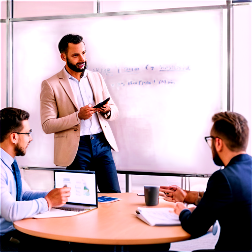 A group of entrepreneurs in a modern, high-tech meeting room, discussing strategies, with a whiteboard in the background. - icon | sticker