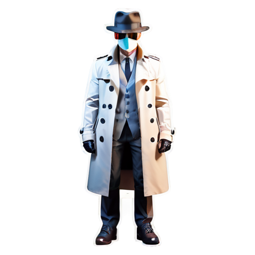 Epic full-body illustration of Rorschach, standing menacingly with his mask, urban alley background, trench coat and hat, intense and mysterious expression, dynamic lighting, high-definition, realistic style. - icon | sticker