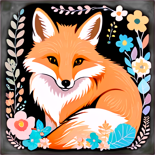 Graphic Image Art Fox, with a unique blend of Cottagecore, Pastel Goth, and Boho inspirations, featuring the graphic image as the central subject surrounded by an array of whimsical details. Complex lines and the use of both muted and vibrant colors create a sense of depth and contrast that draws the viewer in. The overall aesthetic of the image is botanically beautiful and embodies the essence of both cottage, pastel guts and boho, all elements included within the image, the white background, a masterpiece. - icon | sticker