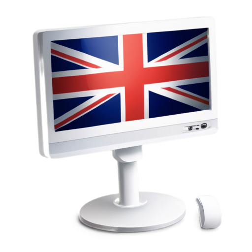 a computer monitor with the British flag on the screen, and under it a white 3d die slightly wider than the monitor, and twice as long - icon | sticker