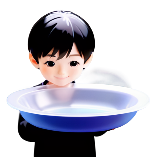 An European boy washes a plate at the sink with smile into the kitchen - icon | sticker