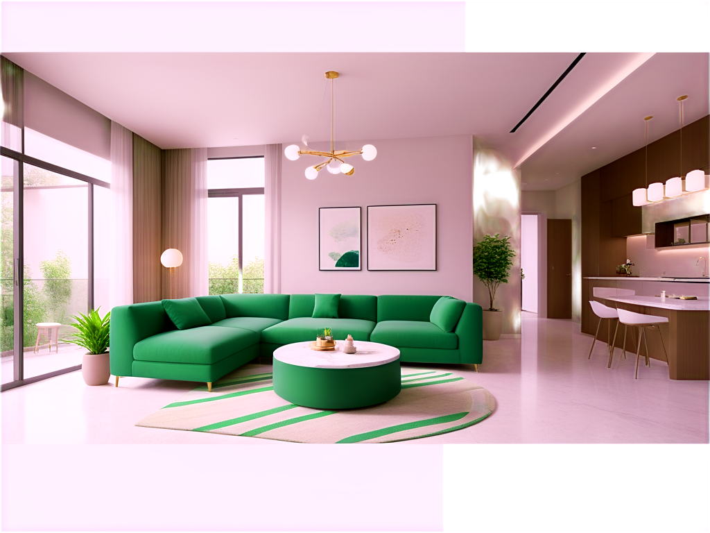 living room design, (modern cream style), green sofa, striped carpet, marble coffee table, plant decoration decorations, violent bear sculpture decorations, simple chandelier, block glass partition, wind view, interior, white ceiling, sunshine, CG rendering, Shigeo Fukuda works, - icon | sticker