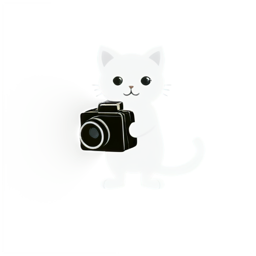a beautiful cinema, black and white colour, cat shooting with a movie camera, style animé - icon | sticker