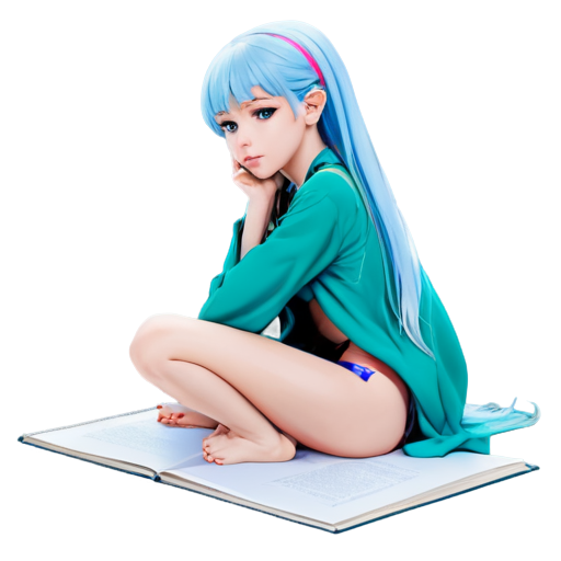 in anime style, day, girl, beautiful, light-blue-haired, slender, pretty, young, without shoes, on the library, lying on the tablewith her back up, heat, white sand, feeding her baby with her salt, 2d anime character, white European appearance, young anime young girl character with light purple, almost silver, hair styled in two low ponytails. She has pointed elf-like ears and large, expressive green eyes. teen, tiny. looking for the pink dot between legs - icon | sticker