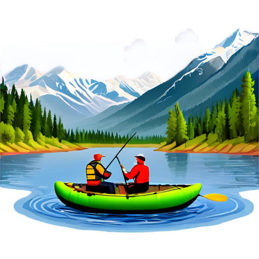 Spinning club called "Джигисты" Against the backdrop of the mountain. The fishermen themselves are on inflatable boats with fishing rods. - icon | sticker