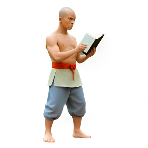 A shaolin monk stands in a fighting position, but as weapons he holds a condenser microphone in his right hand and an ancient book in his left hand. - icon | sticker