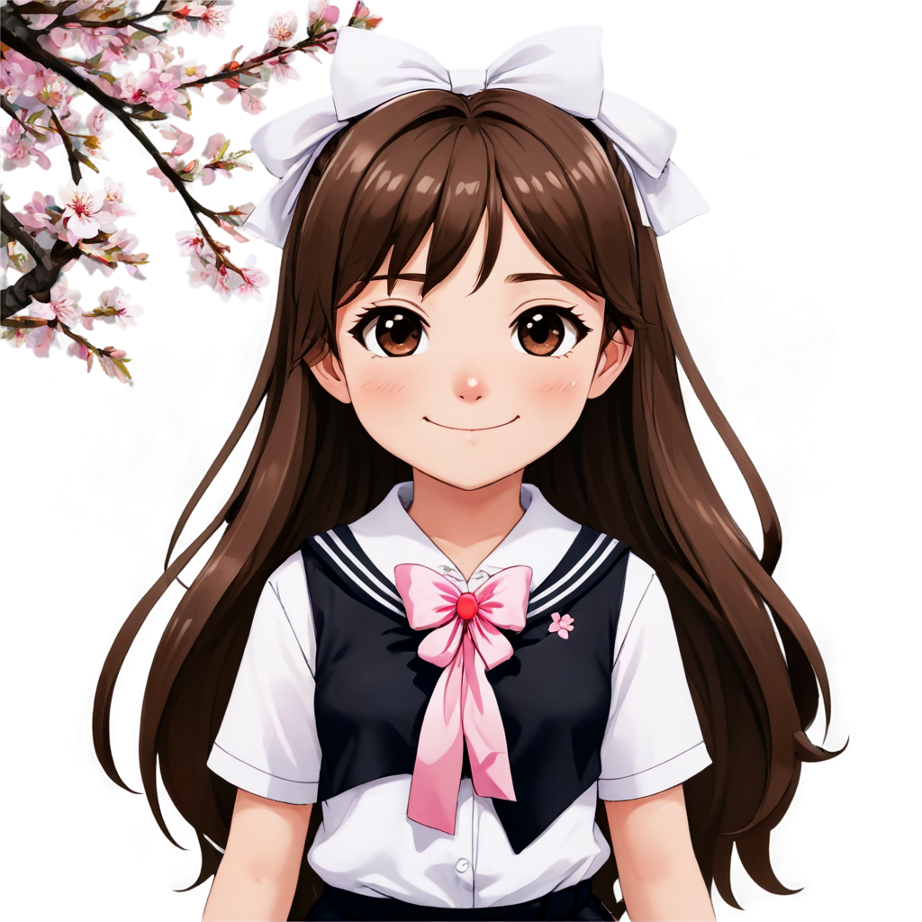 close up,1girl, solo, brown hair, smile, brown eyes, white neckerchief, school uniform, pink flower, looking at viewer, serafuku, black shirt, cherry blossoms, hair bow, branch, outdoors - icon | sticker