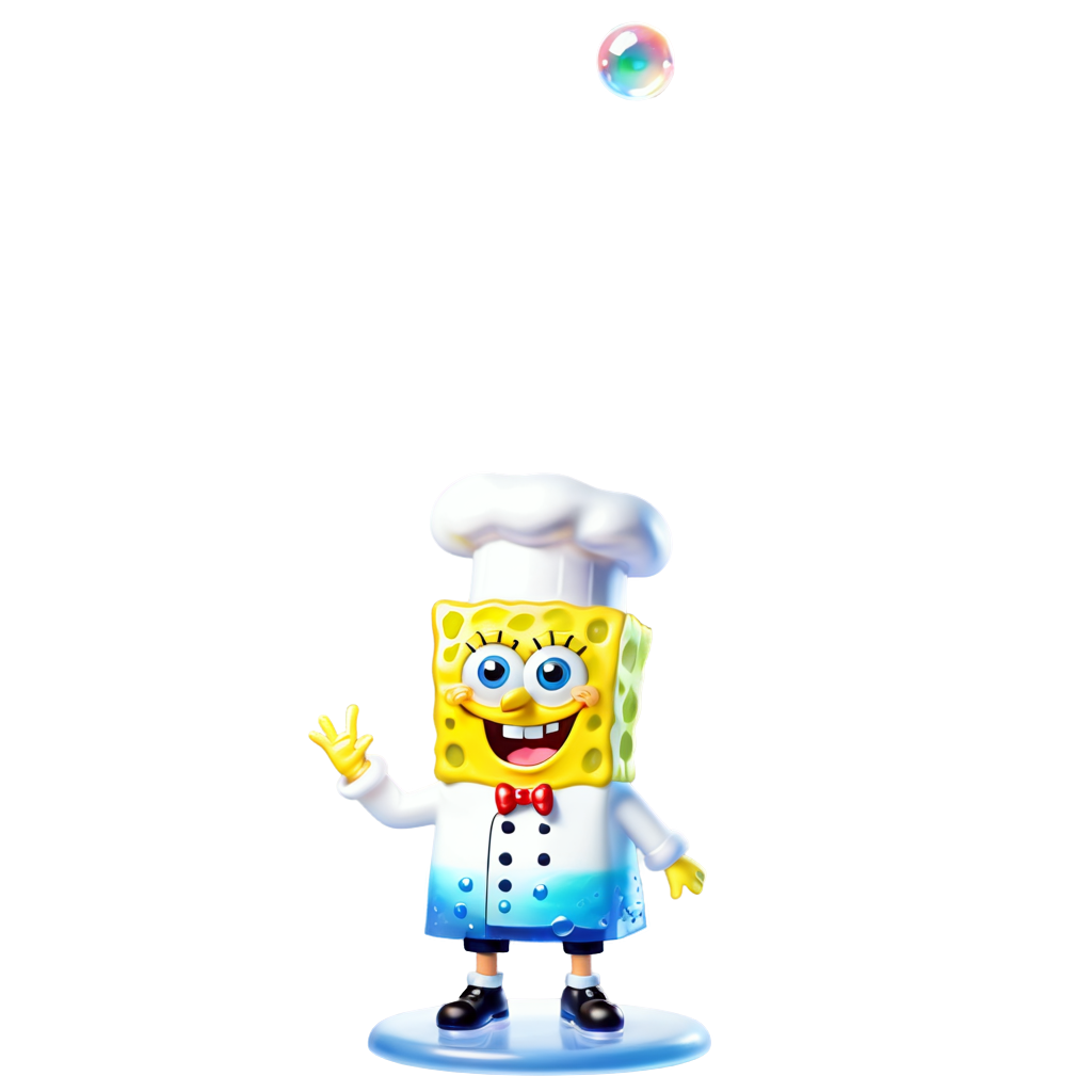A SpongeBob SquarePants full body, with white chef hat, 3d icon,fine lustre, colorful, whitebackground, floating bubbles - icon | sticker
