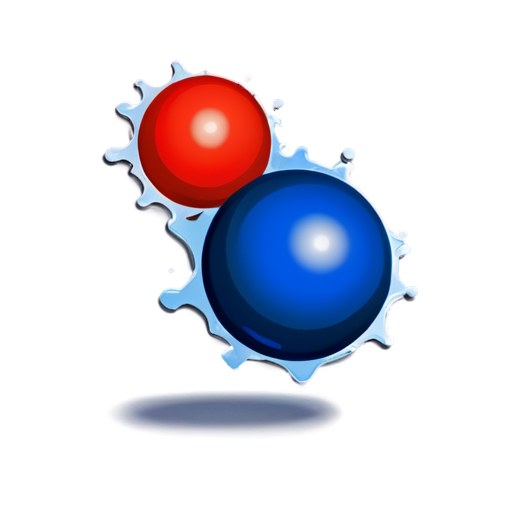 Flat blue background. On foreground two balls splash each other. One ball dark blue. Second ball red. Under each ball lay trail - icon | sticker