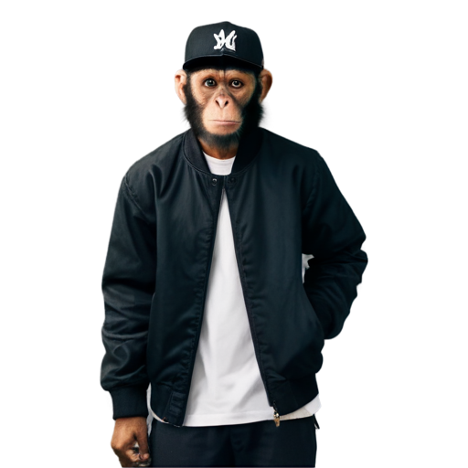 A hiphop monkey standing up posing with a black fitted flat billed hat on backwards. no background. - icon | sticker