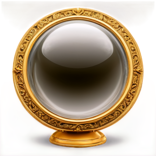 Illustration of the Mirror of Erised, with its ornate golden frame and inscription at the top, encased within a clear glass orb. The mirror reflects a faint, mysterious image, hinting at deep desires. The glass orb is transparent, allowing the mirror's intricate details to be clearly visible, with a subtle magical glow emanating from within. The background is neutral, focusing on the mystical nature of the mirror and the smooth surface of the glass orb. High-definition, fantasy-style art. - icon | sticker