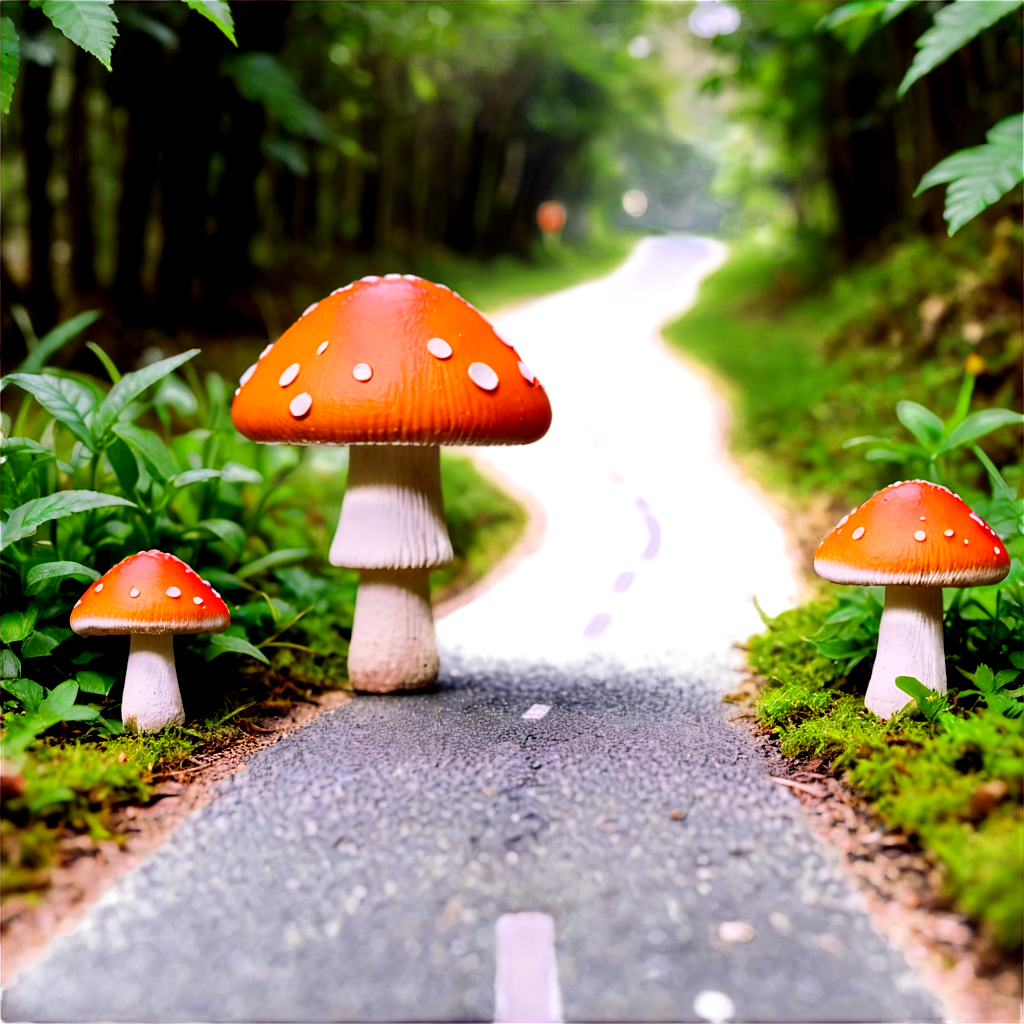 mushroom, jungle, colorful, colored stone, vegetation, road,miniature photography, warm tone, orange, mushroom house group, car, highway - icon | sticker