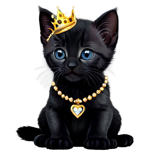 A cute black kitten with a gold tiara on her head and a thin necklace. - icon | sticker