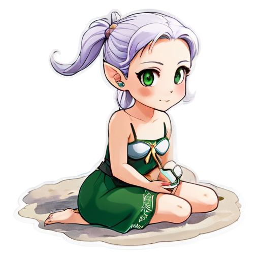 Anime young girl character with light purple, almost silver, hair styled in two low ponytails. She has pointed elf-like ears and large, expressive green eyes. teen, tiny, without shoes, on the beach, lying on the sand with her back up, heat, white sand, feeding her baby with her salt, white European appearance, young - icon | sticker