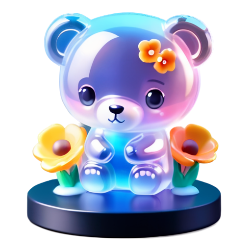 A cute anime brown bear holding flowers, while at the lake at night - icon | sticker