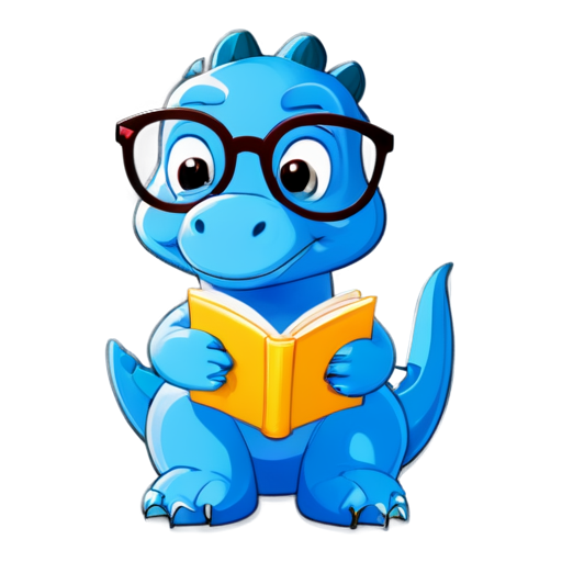 Blue dinosaur with glasses reading a book, Cute, vector illustration, contemporary, flat colors, smart, minimalism - icon | sticker