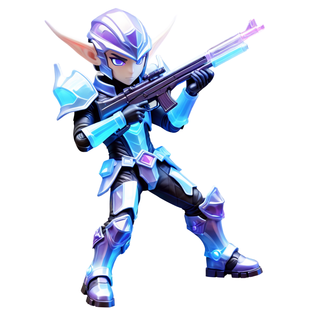 Full body of a high elf sci fi soldier wearing heavy sci fi elven armor, cybernetic black and purple and light blue armor and helmet, boots, male, holding a light machine gun with both hands, - icon | sticker