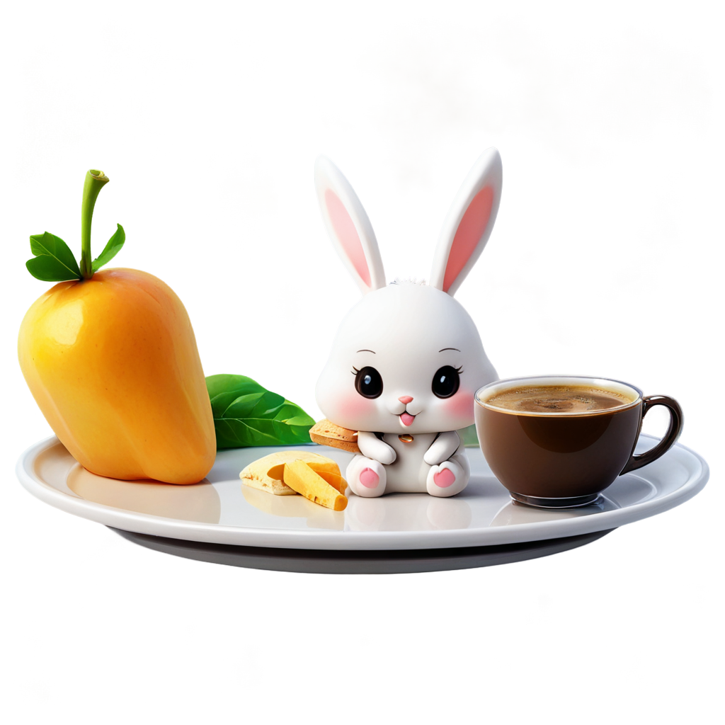 creativity kawaii food,there is a 2D cute rabbit sitting on a plate with a cup of coffee,bread,fruit,natural light,((best quality)),art,no humans,no hands,food focus,ice cream, - icon | sticker