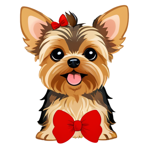 face of brown yorkie dog, smiling, has large ears and black eyes, wearing a red hair bow, cute, - icon | sticker