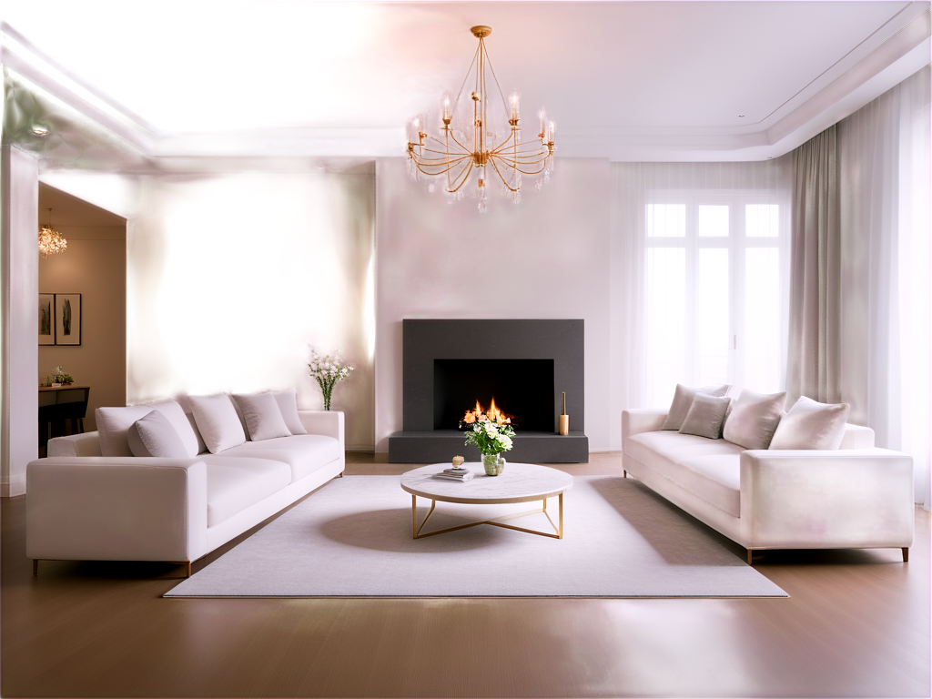 1 living room, wooden floor, carpet, fireplace, sofa, marble tea table, minimalist chandeliers, windows, white transparent curtains, French cream style interior design, realistic lighting, - icon | sticker