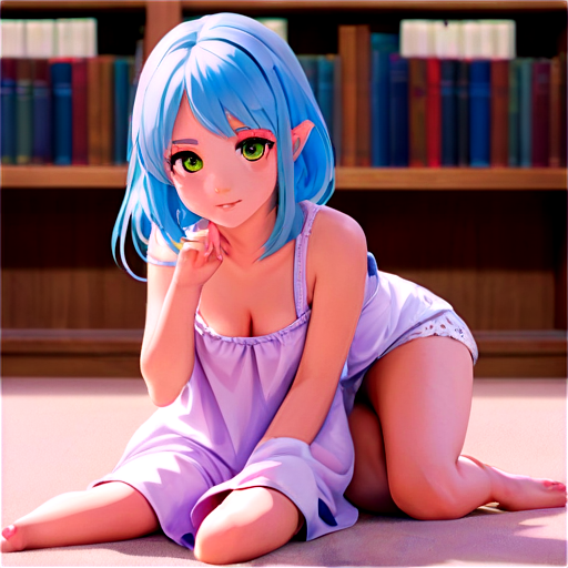 in anime style, day, girl, beautiful, light-blue-haired, slender, pretty, young, without shoes, on the library, lying on the tablewith her back up, heat, white sand, feeding her baby with her salt, 2d anime character, white European appearance, young anime young girl character with light purple, almost silver, hair styled in two low ponytails. She has pointed elf-like ears and large, expressive green eyes. teen, tiny. looking for the pink dot between legs - icon | sticker