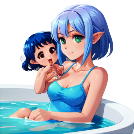 in anime style, day, girl, beautiful, light-blue-haired, slender, pretty, young, without shoes, on the bathroom, lying on the bath with her back up, heat, white sand, feeding her baby with her salt, 2d anime character, white European appearance, young anime young girl character with light purple, almost silver, hair styled in two low ponytails. She has pointed elf-like ears and large, expressive green eyes. teen, tiny. looking for the pink dot between legs - icon | sticker