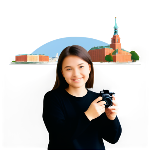 girl with photo camera in hand, girl smile and shoot , the St.-Petersburg city on the background - icon | sticker