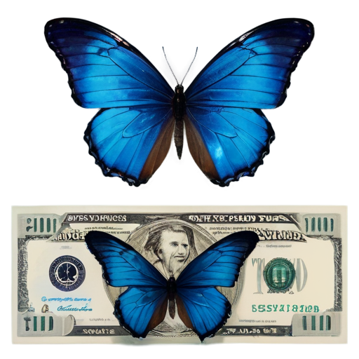 blue butterfly flies around the banknote - icon | sticker