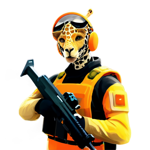 Orange-themed avatar for Counter-Strike 2, featuring a sleek, modern design with a bold, intense look. Include a giraffe with a tactical helmet, crossed guns, and a glowing, fiery background - icon | sticker