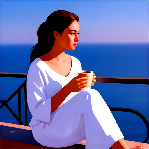 Art furry girl in Ukrainian style with beautiful hair sitting on the balcony and looking at the sea and holding a cup of coffee. The background should be the sea. Modern style with an emphasis on the details of clothing, hair and environment. - icon | sticker