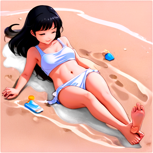 in anime style, day, girl, beautiful, dark-haired, curved, slender, pretty, young, without shoes, on the see, lying on the sand with her back up, heat, white sand, feeding her baby with her salt, 2d anime character, white European appearance, young, - icon | sticker