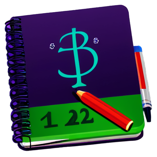 Purple notebook with a pen with mathematical symbols - icon | sticker