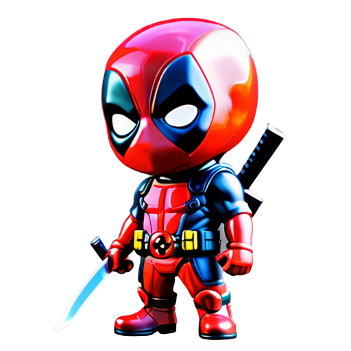 Epic full-body illustration of Deadpool, standing in a dynamic pose with katanas drawn, urban battlefield background, detailed red and black suit, intense and humorous expression, dynamic lighting, high-definition, realistic style. - icon | sticker