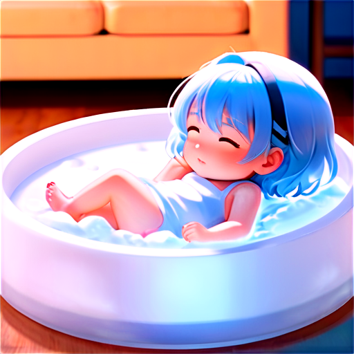 in anime style, day, girl, beautiful, light-blue-haired, pretty, young, without shoes, on the cosy room, lying on the bad with her back up,feeding her baby with her salt, 2d anime character, white European appearance, young - icon | sticker