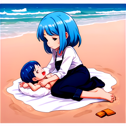 in anime style, day, girl, beautiful, blue-haired, slender, pretty, young, without shoes, on the bed, lying on the sand with her back up, heat, white sand, feeding her baby with her salt, 2d anime character, white European appearance, young - icon | sticker