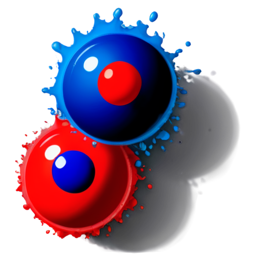 Flat blue background. On foreground two balls splash each other. One ball dark blue. Second ball red. Under each ball lay trail - icon | sticker