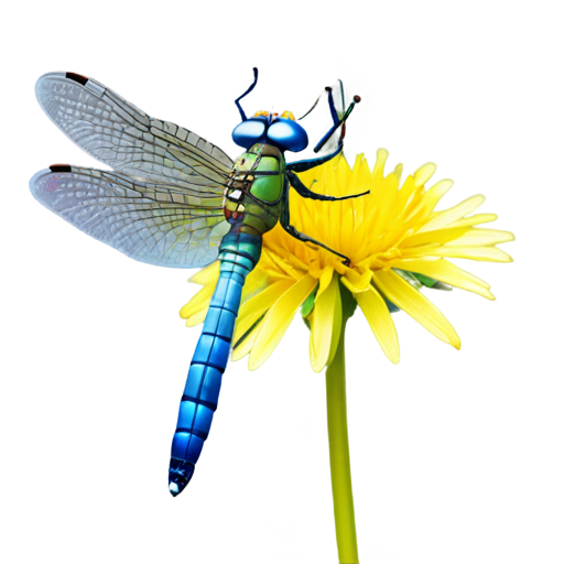 3D icon of an iridescent green-blue dragonfly with transparent blue wings and big eyes crawling on a fluffy yellow dandelion flower in detail - icon | sticker