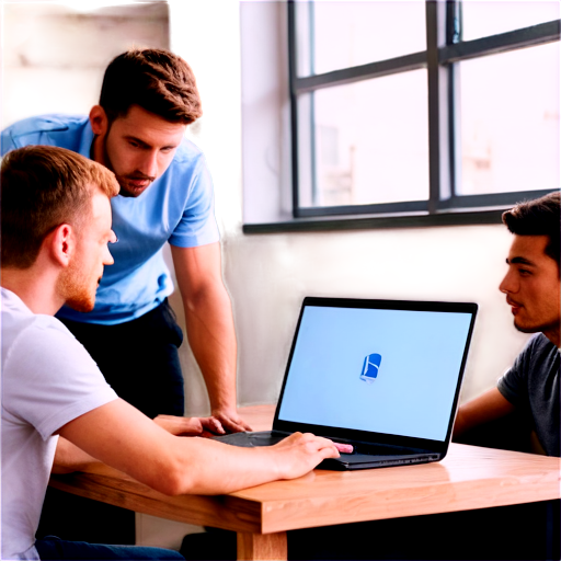 Four guys are gathered around a modern laptop on a wooden table, installing the Windows 10 operating system. The laptop screen displays the Windows 10 installation screen with the progress bar. One person is seated, typing on the keyboard, while the others are standing close by, intently watching the process. They are in a well-lit room with a casual setting, perhaps a home or small office. The atmosphere is focused, with a mix of curiosity and concentration as they work together on the installation. - icon | sticker