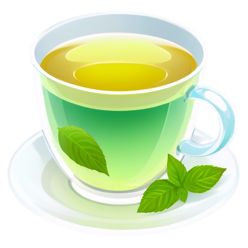 Transparent, or a pleasant mint-colored cup with almost transparent yellowish tea in it, distinct mint leaves float in the tea (if the mug is still not transparent, then they lie next to it on a saucer) - icon | sticker