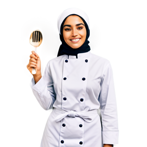 vector 2D close up black and white woman chef with hijab and smiling hold a spoon and knife for resto logo - icon | sticker