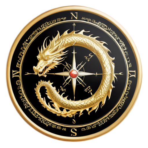 gold and black Dragon compass with north south east and west - icon | sticker