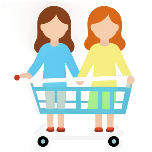 Create a cute 100x100 pixel icon for 'Group Buy'. The icon should depict a group of happy, cartoon-style people or characters holding hands or standing together, with a shopping cart in the background. Use soft and bright colors. - icon | sticker