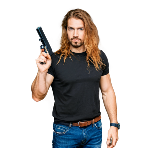 sad face of a long bright color hair handsome man with colt 1911 in hand - icon | sticker