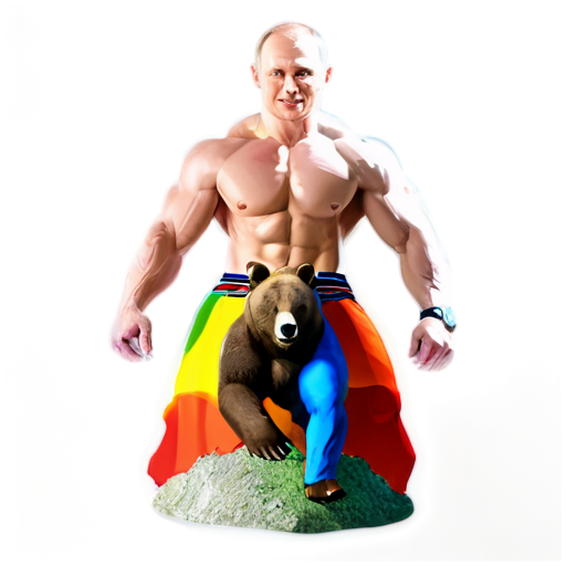 a muscular man with Putin's face riding a bear. A rainbow is shining from the bag. Evil freaks are hiding in a cave. - icon | sticker